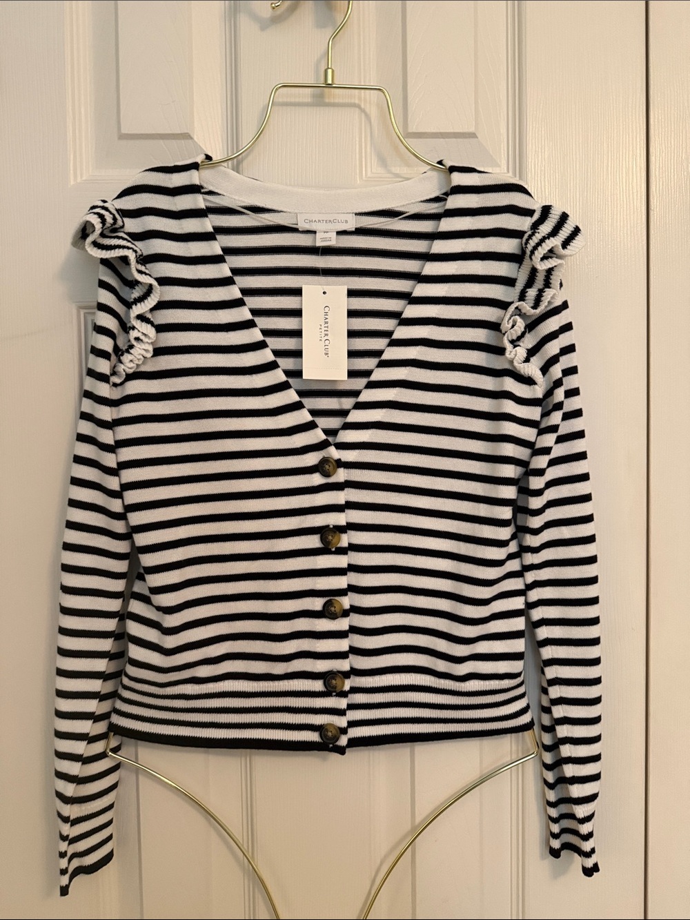 Charter Club Black & White Striped Ruffle-Shoulder Button-Front Cardigan SP
